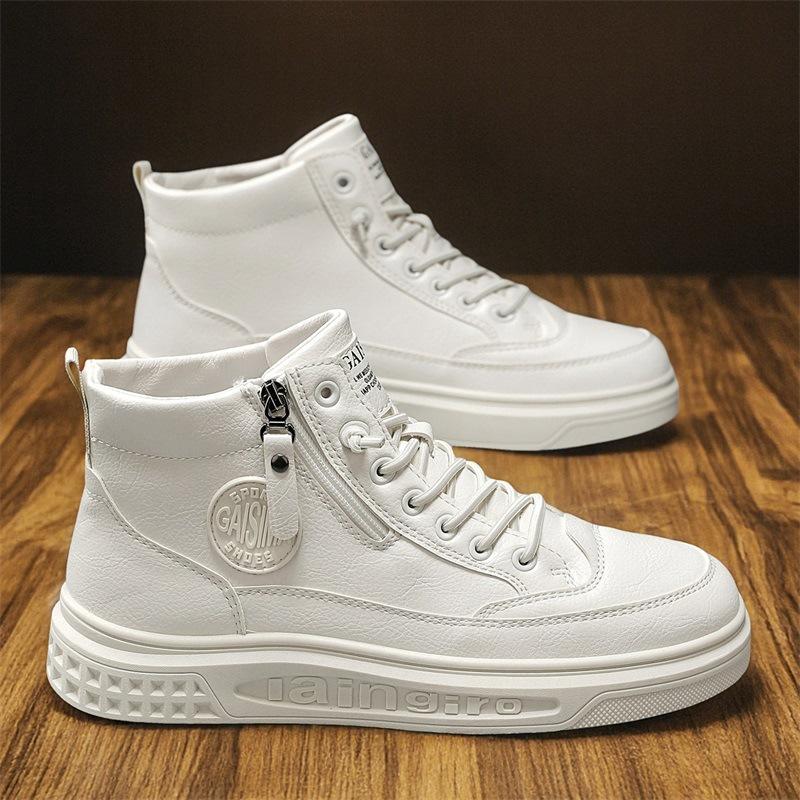 Autumn new high-top casual shoes, side zipper short board shoes, medium-top sports leather shoes