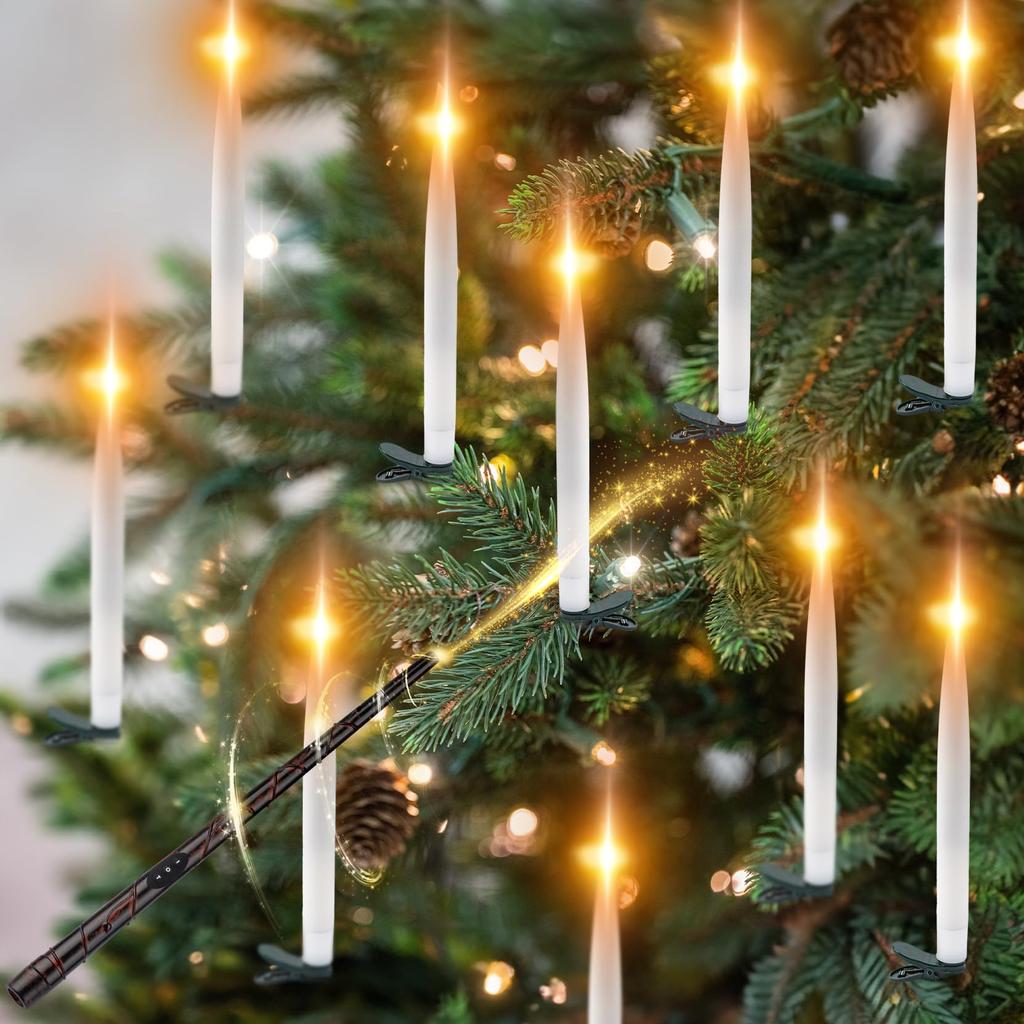 12/24Pack Christmas Floating Candles With Magic Wand Remote LED Flameless Hanging Taper Candle Flickering for Home Holiday Decor