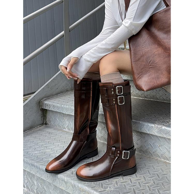 Belt Buckle But Knee Boots Low Heel High Knight Boots Women's 2025 New Retro Brown Western Cowboy Boots