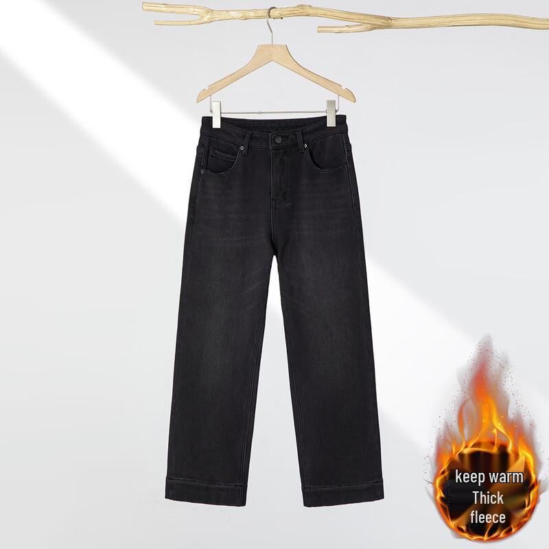 RAIN.CUN Women s Petite Winter Fleece-Lined Straight Wide-Leg Ankle Jeans 33