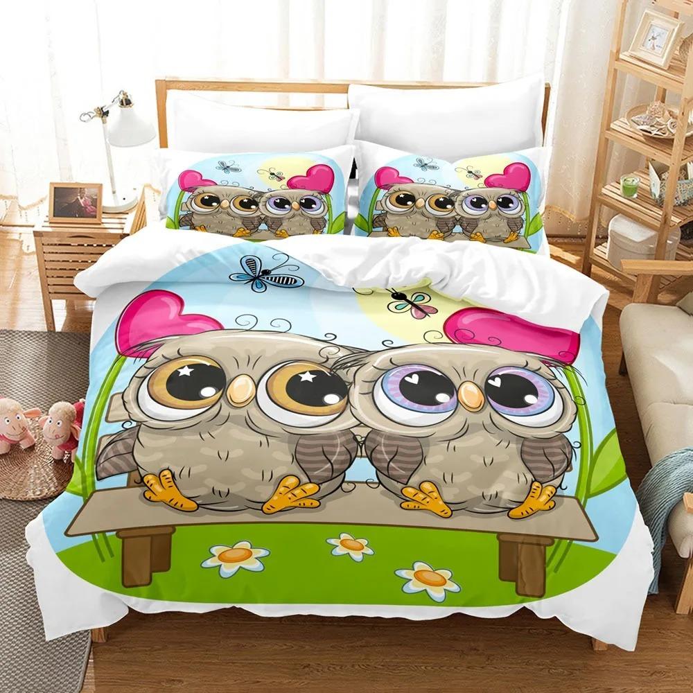 Cartoon Owl Bedding Sets Soft Bed Cover Comforter Duvet Cover Pillow Case 2-3 Pieces Sets Teenagers Children's Gifts Room Decor