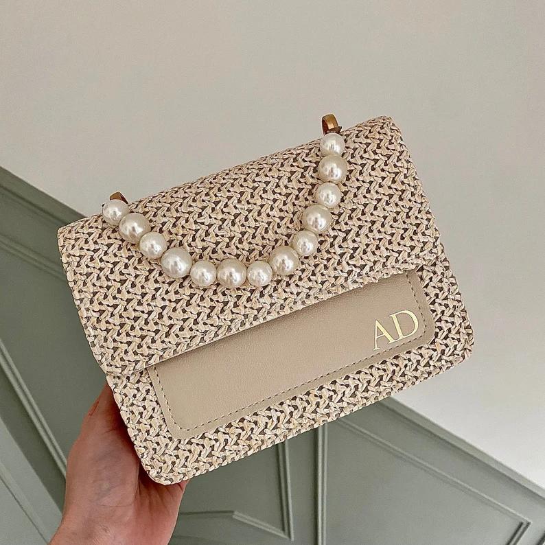 Straw bag with pearl zip bag with personalized name for bridesmaid gifts