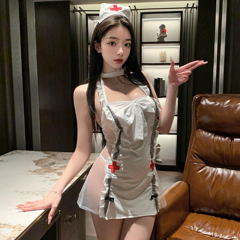 Lingerie Suspender Lace Perspective Nurse Hot Sexy Passion Bed Bow