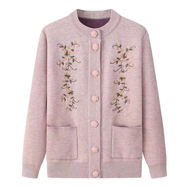 Fleece Knitted Grandma Sweater Cardigan Top Integrated Elderly Clothes Women's Fleece Jacket Middle-aged and Elderly Mother Clothes