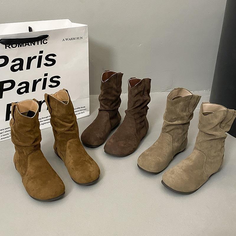 New short tube lazy style versatile pleated boots women's Martin boots pile up autumn short boots increase height fashionable camel