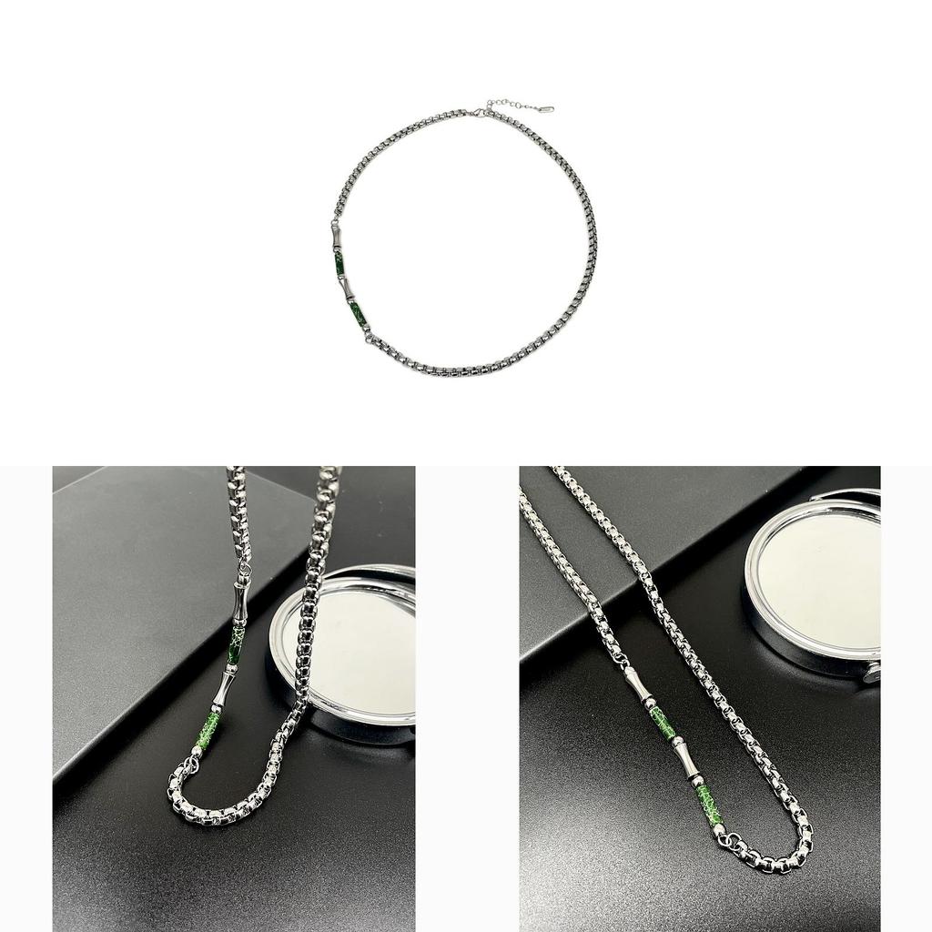 Stainless Steel Geometric Necklace For Men With Green Bamboo Beads Handmade Vintage Style