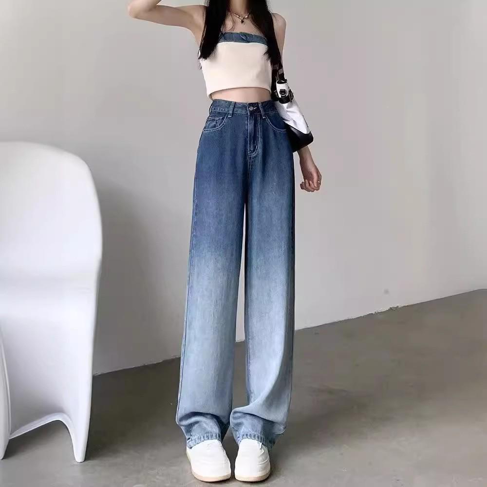 2024 Summer Women's Gradient Wide-Leg High-Waisted Jeans - Thin, Straight, Loose, Floor-Length