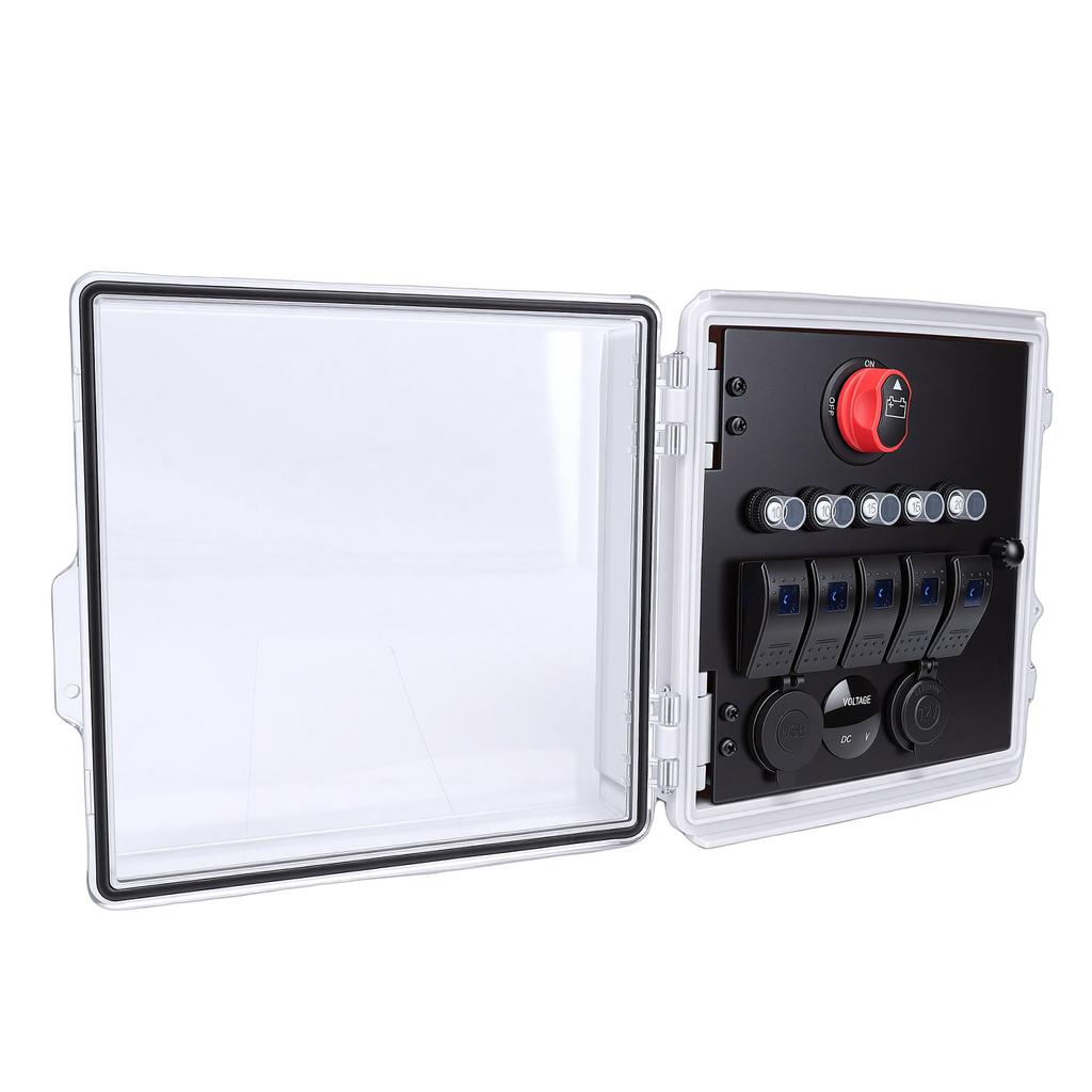 Wasserdichte Box mit Kippschalter 5-fach 3-Positionen LED Kippschalter Panel mit Voltmeter USB-Ladegerät Typ B