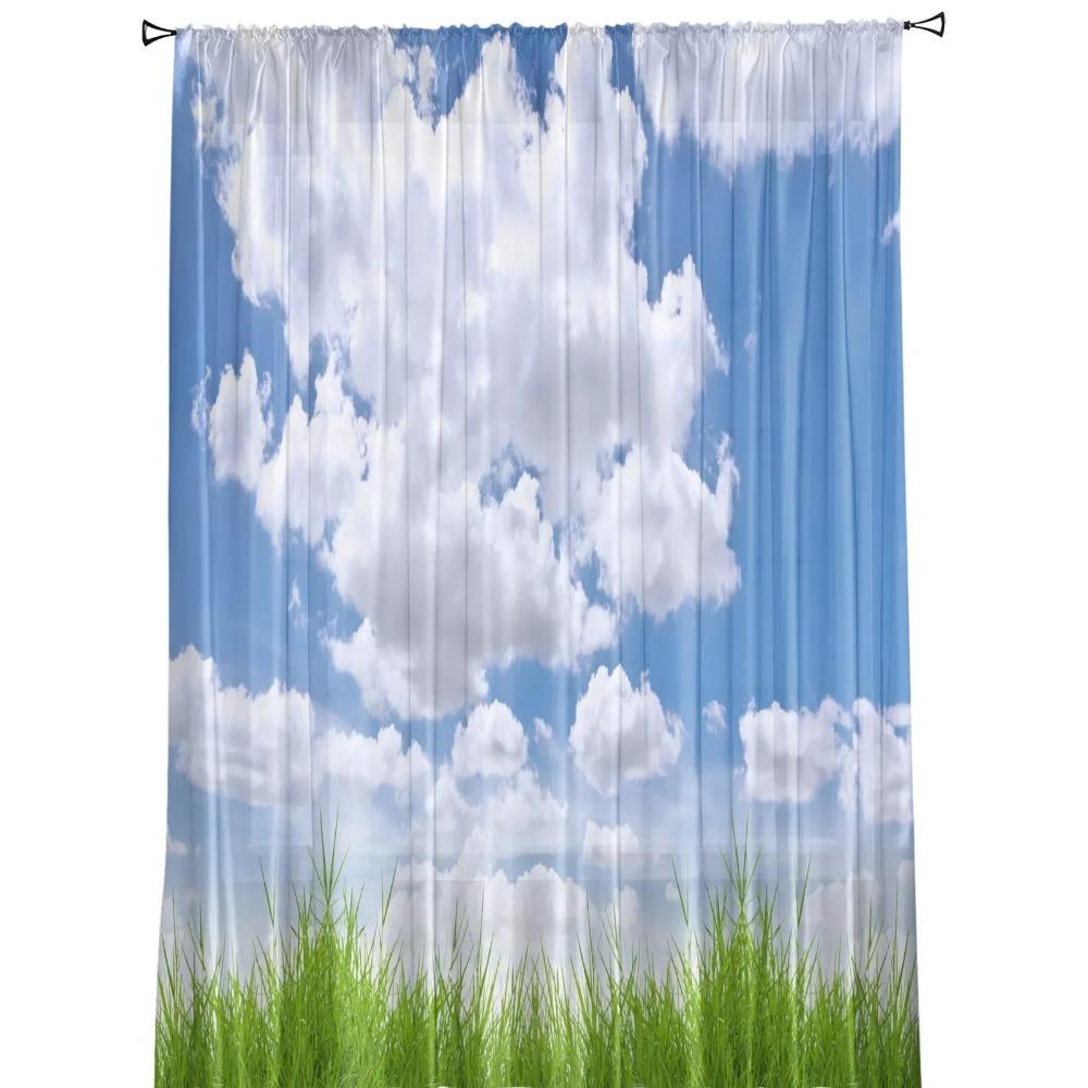 Blue Sky White Clouds Grassland Tulle Window Curtains Living Room Organza Sheer Voile Curtain Bedroom Kitchen Home Decor Drape