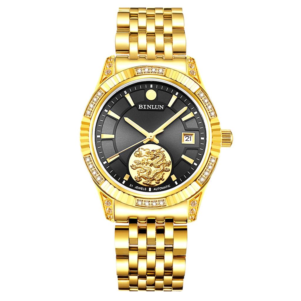 BINLUN Gold Mechanical Automatic Watch with Analog Date Stainless Casual Business Watch for Men Men's Display, Waterproof, Display, Steel, [Used]