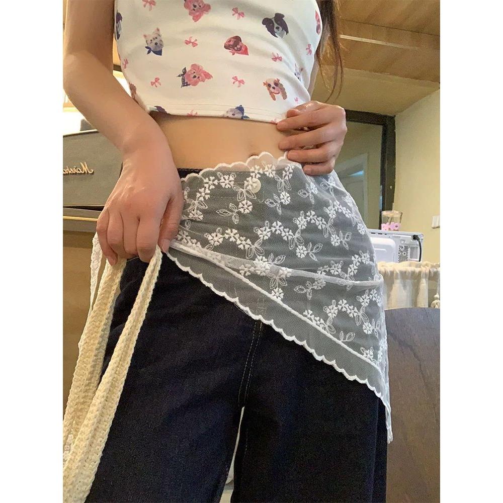 Korean Layering Scarf | 2025 White Lace Skirt Slimmer | Adjustable Waist Wrap