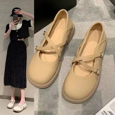 2024 Autumn New Single Shoes Women's Shoes Thick Heel Flat Bottom Shallow Mouth Round Head One-word Buckle Small Leather Shoes Student Shoes Single S