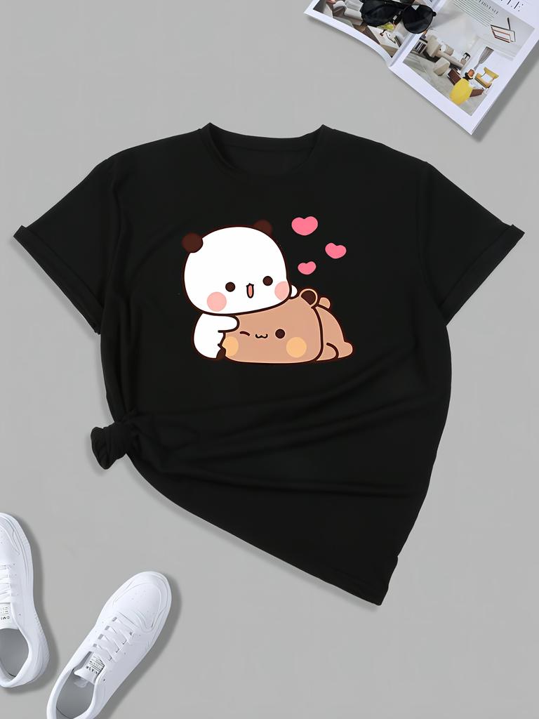 Cartoon Print Round Neck T-shirt Short Sleeve Minimalist Playful Design Fashion Illustration Tee Comfortable Casual Fit harajuku
