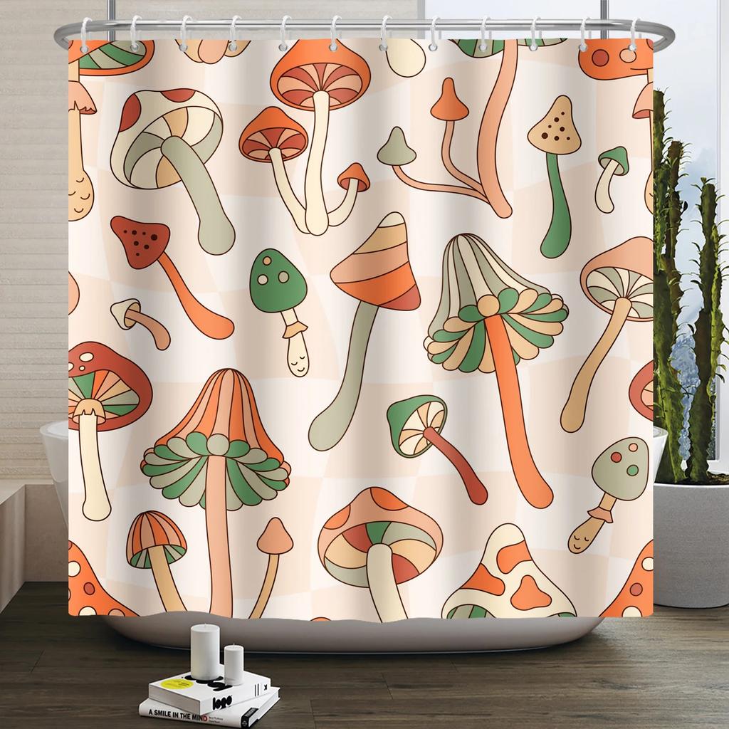 Tenda da doccia arcobaleno vintage anni '70 senza cornice, Fungo Luna Hippie Fiore Sole Luna Farfalla Botanico Vintage, Arredamento Bagno