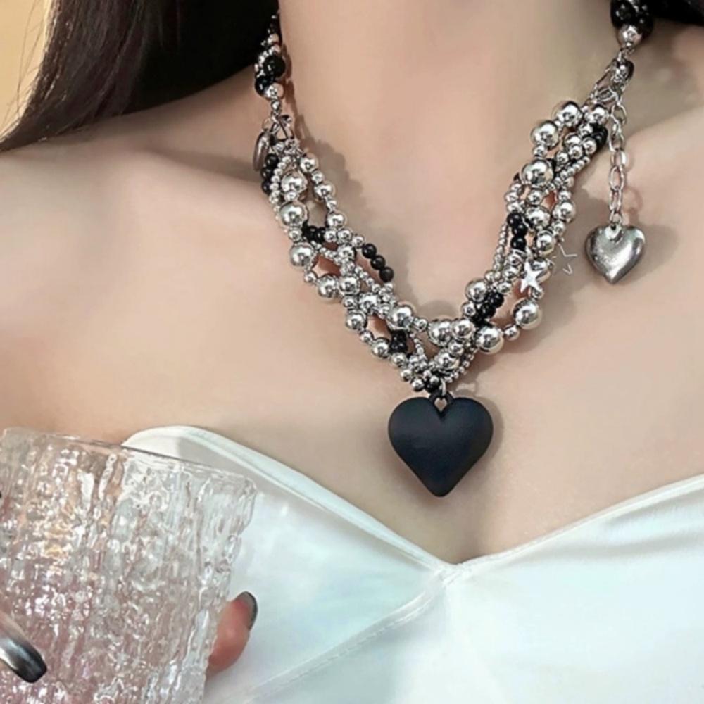 1 Piece Multi-layer Black Silver Beaded Heart Necklace Sweet Cool Style Daily Wear / Punk Look / Party Accessories
