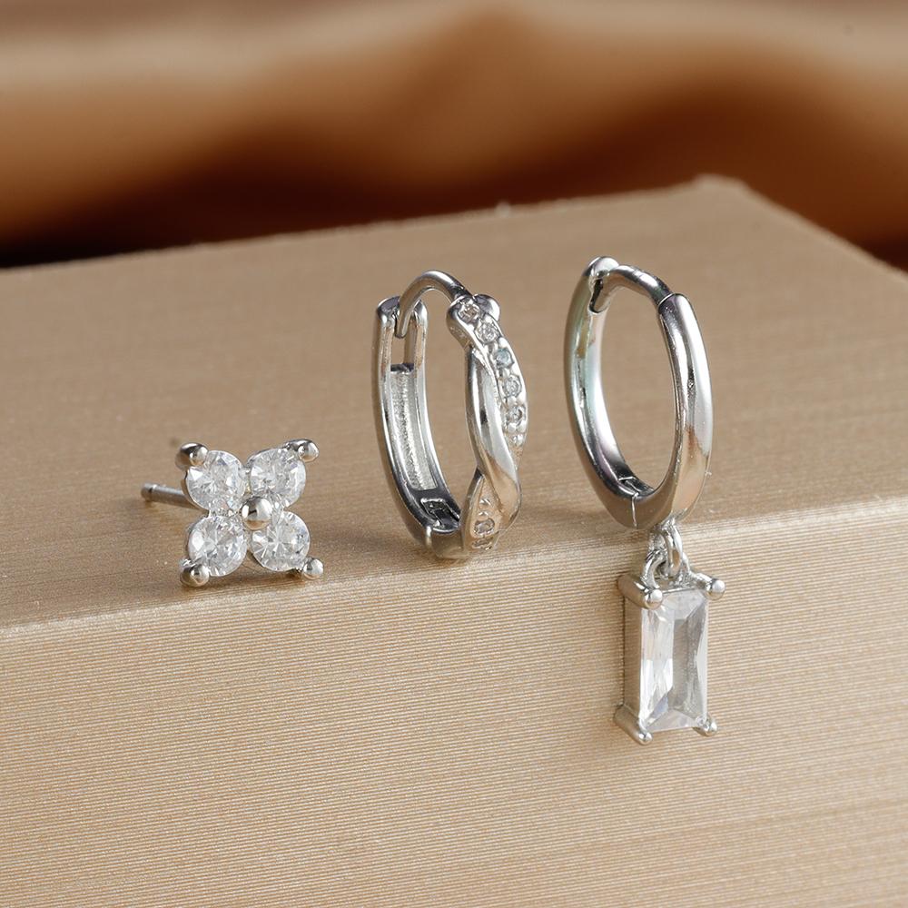 Sada 3 ks Trendy Zlatá Barva Čtvercový Zirkon Visací Náušnice Nerezová Ocel Kroucený Kruh Visací Náušnice Piercing do Chrupavky Šperky