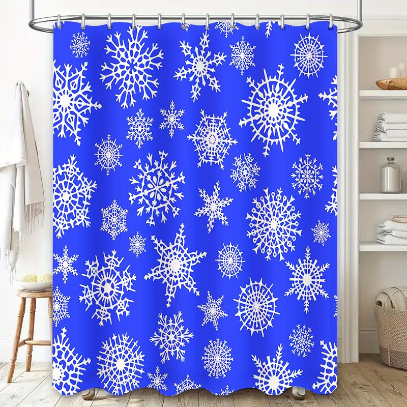 Snowflake Shower Curtain Blue White Bathroom Decor Winter Christmas Print Waterproof Washable Polyester Fabric Decoration Shiny