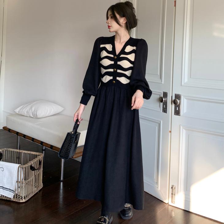 Damskie sukienki w stylu koreańskim, wiosennym, z dekoltem w szpic, jesienna, długa sukienka midi z dzianiny