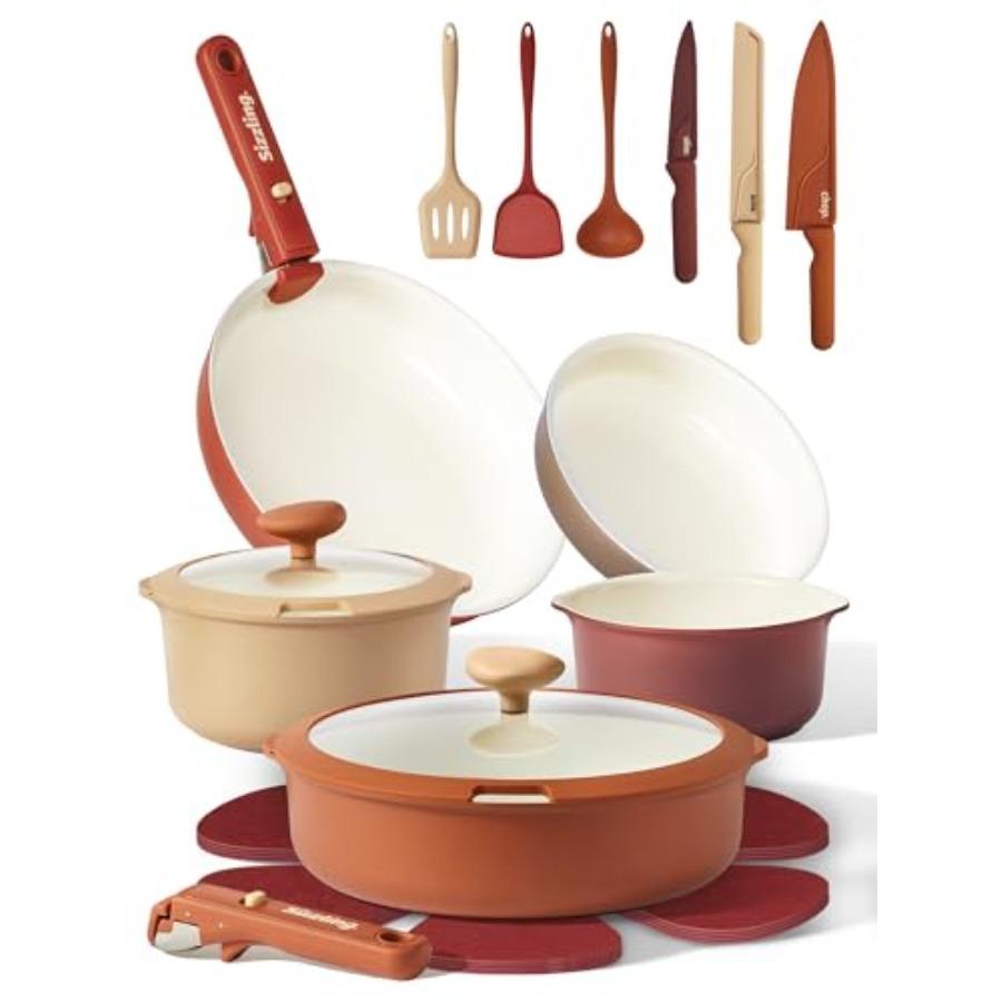 

22 Pcs Ceramic Cookware Set with Detachable Handles Non-Toxic Non-Stick Pots and Pans for Induction Oven Safe Stackable Removab різнокольоровий