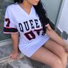 V-Neck Queen Letters Print Dress Short Sleeve Basketball Sporty Style Long T-shirt Sexy Loose Female Clothing Streetwear