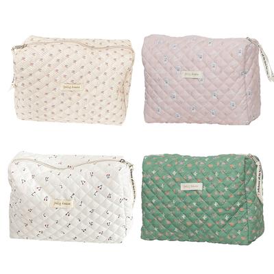 Borsa cosmetica da donna con cerniera, borsa per il trucco trapuntata coreana, borsa per il trucco portatile, stampa floreale, grande capacità per donne e ragazze
