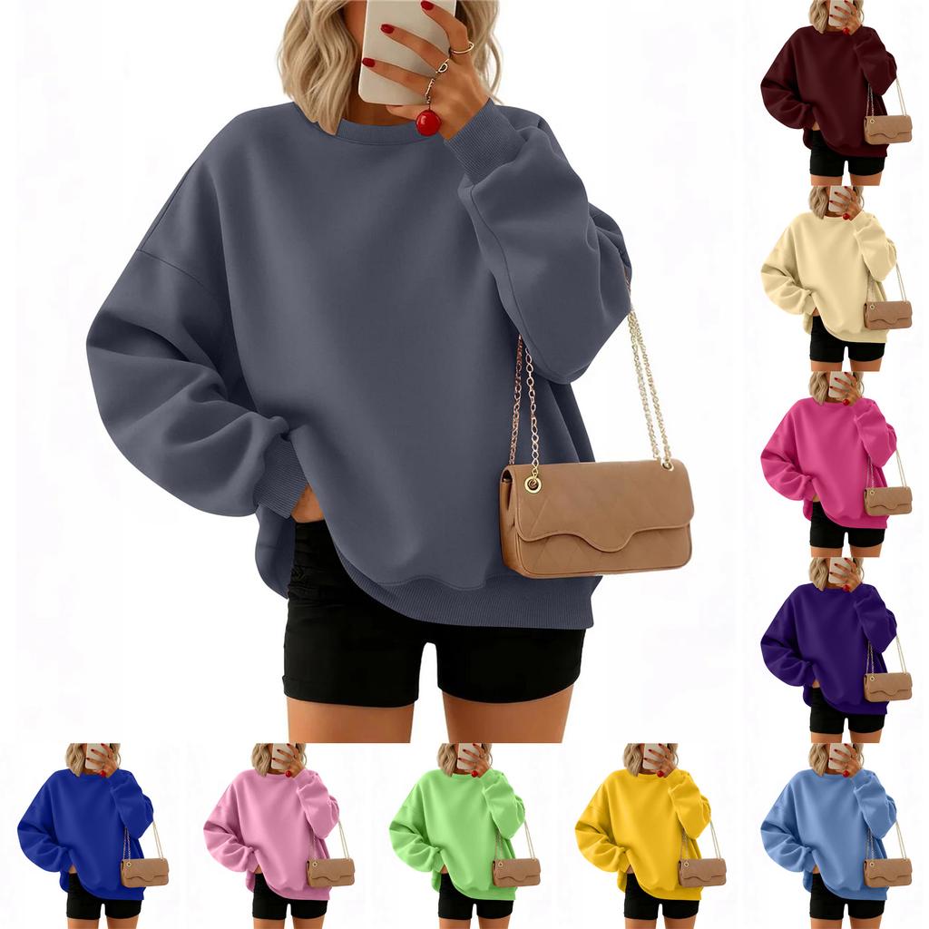 Women's Fashion Long Sleeve Solid Color Round Neck Loose Pullover Sweater Top