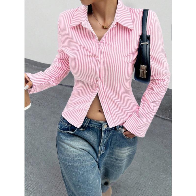 DAFIFY Women's Fashion Casual Spring Autumn Stripe Print Long Sleeve POLO Neck Blouses & Shirts
