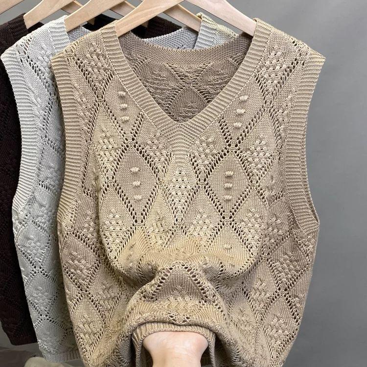 Dámská pletená vesta s výstřihem do V a průstřihy, módní všestranný kardigan, svrchní oděv, stylový tenký top gilet
