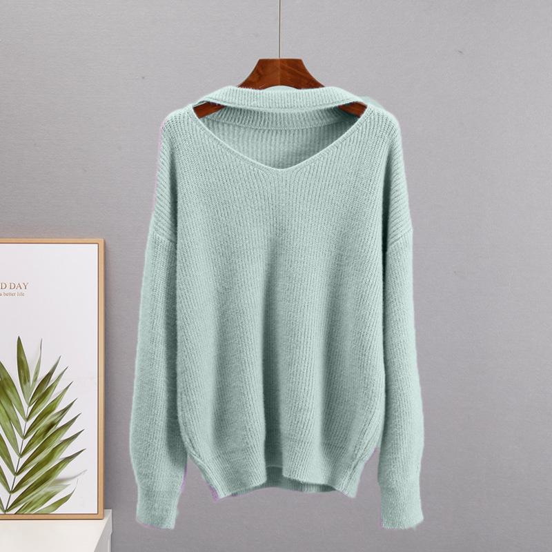 Fall Winter Women's Ultra Soft V-Neck Faux Mink Sweater Lazy Style Loose Knit Top