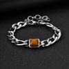 Square Tiger Eye Natural Stone Bracelet for Men, Adjustable Stainless Steel NK Chain Charm Bracelet, Fashion Jewelry Gift