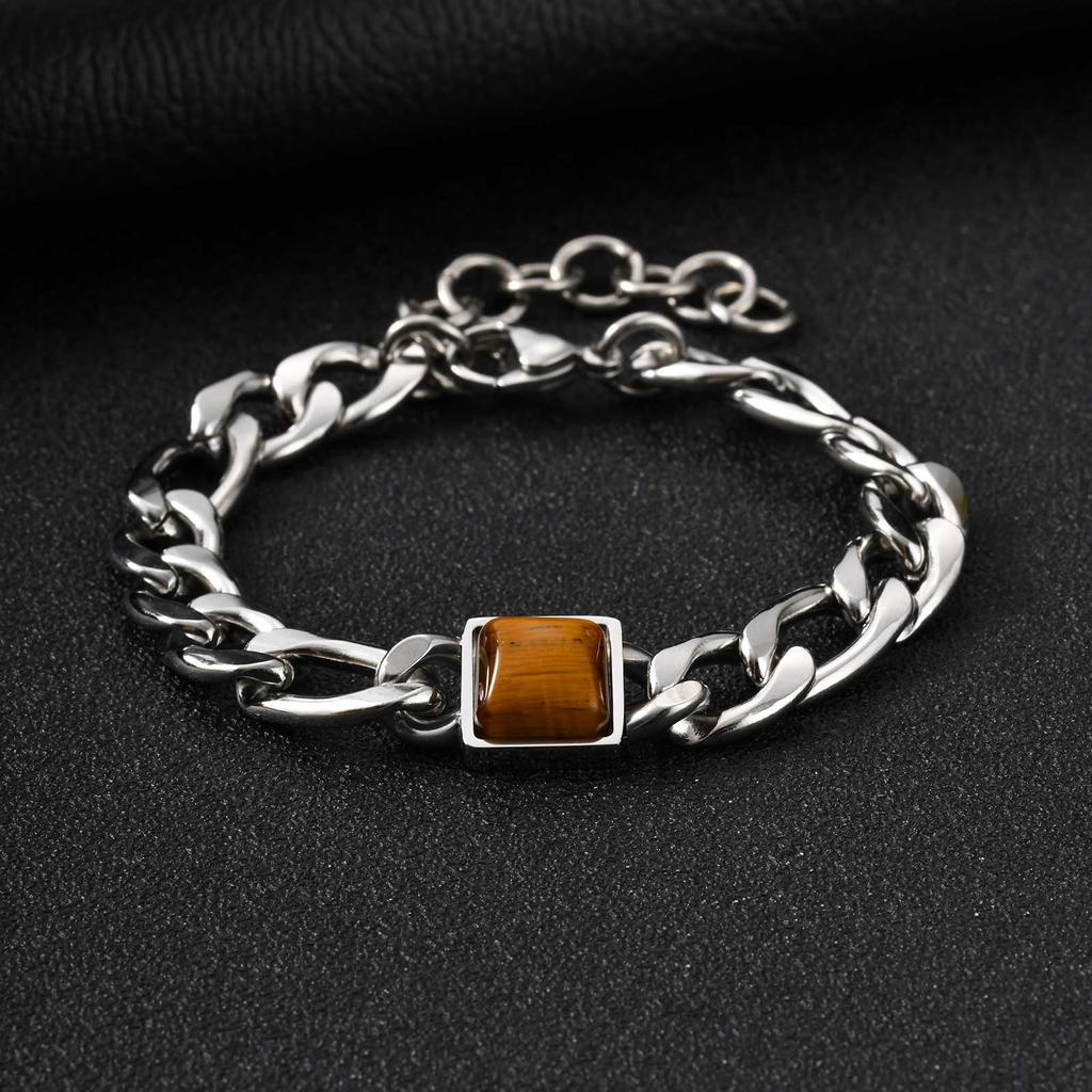 Square Tiger Eye Natural Stone Bracelet for Men, Adjustable Stainless Steel NK Chain Charm Bracelet, Fashion Jewelry Gift