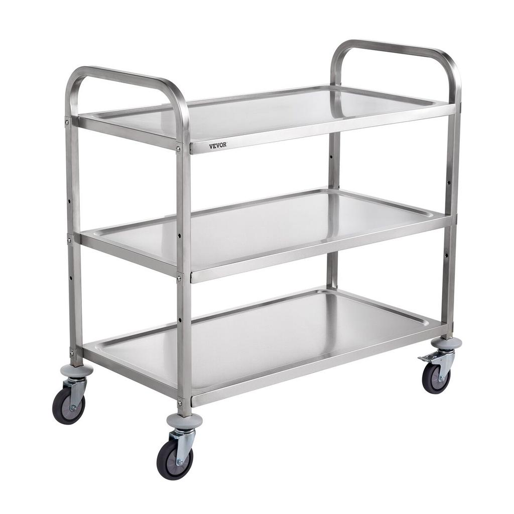 Kitchen Utility Cart, 3 Tiers, Wire Rolling Cart with 450LBS Capacity, Steel Service Cart on Wheels, Metal Storage Trolley with 80mm Basket Curved