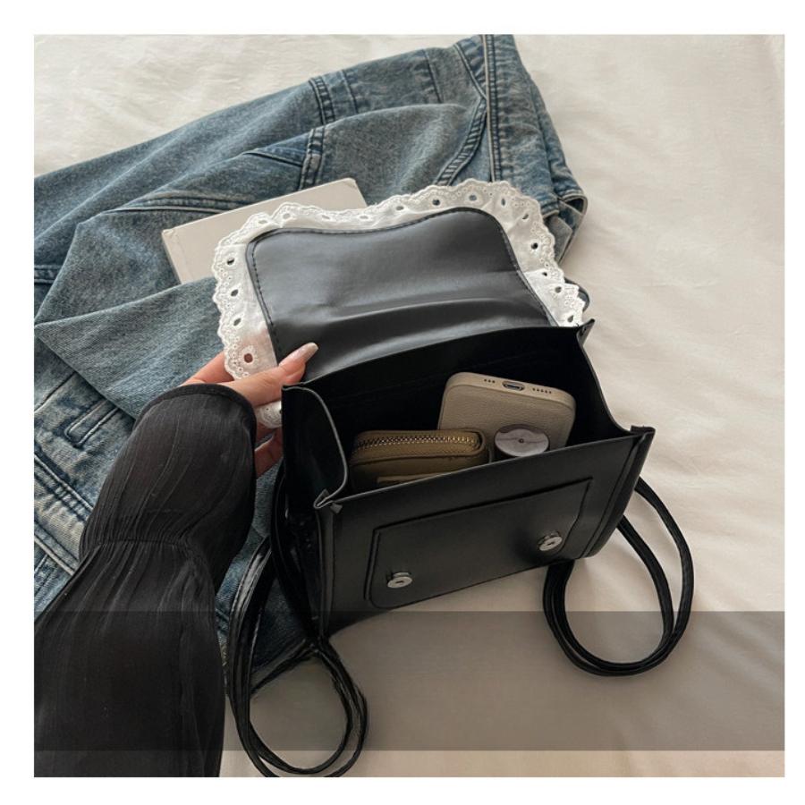 Faux Leather Flap Square Shoulder Bag for Women with Lace Bow Knot Trendy Casual Crossbody Purse