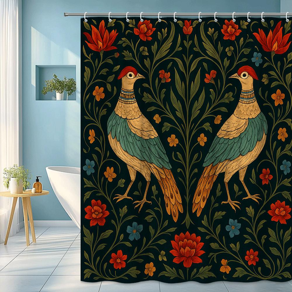 

Exotic Birds Shower Curtain Red Flowers Black Background Vintage Ornamental Design Luxurious Bathroom Decor Waterproof Non-Toxic W60H190(CM)-1 Pcs