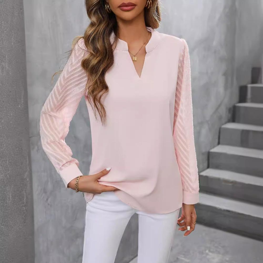 Women's V-Neck Long Sleeve Chiffon Blouse with Textured Chevron Mesh Sleeves Elegant Office Top