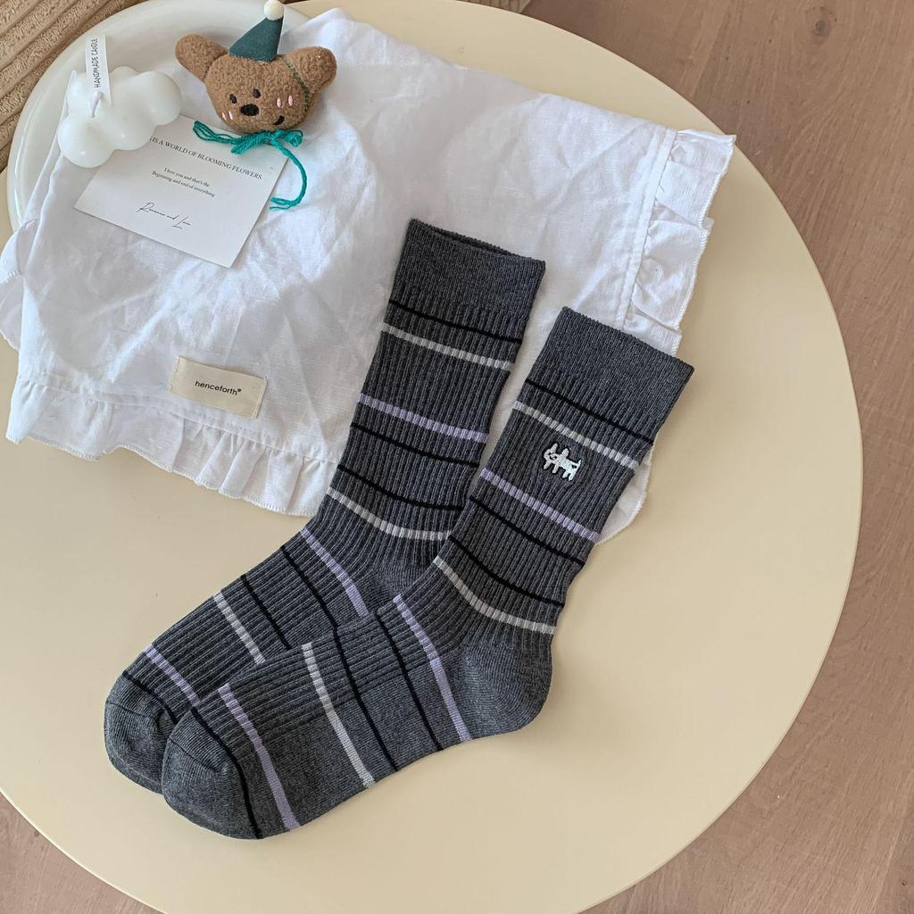 Zhuji Women's Autumn/Winter Mid-Calf Cartoon Puppy Embroidered Striped Socks