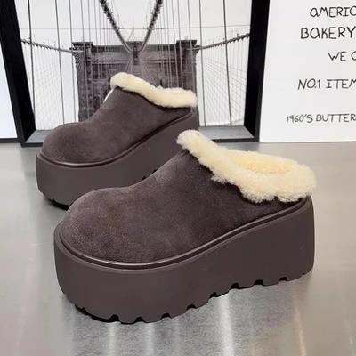 Platform High Heels Women Fur Slippers Suede Mules Shoes Winter 2025 Trend New Casual Snow Boots Short Plush Warm Cotton Shoes