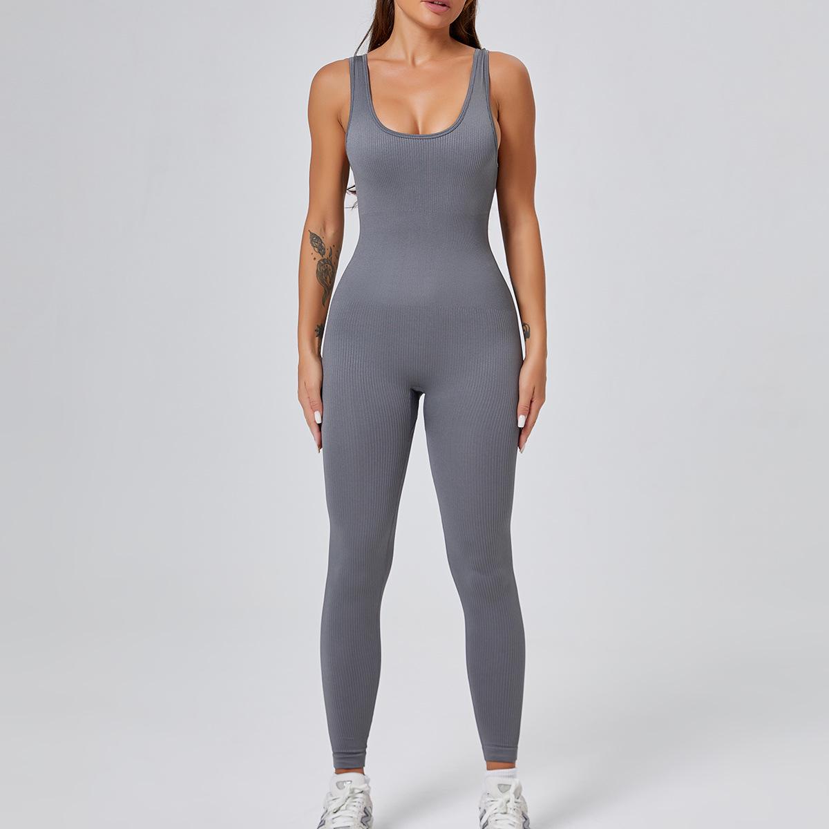 

Европейско-американский комбинезон в рубчик с контролем живота – Утягивающий, Дышащий, с U-образным вырезом, Длинные брюки с эффектом лифтинга бедер. Medium серый