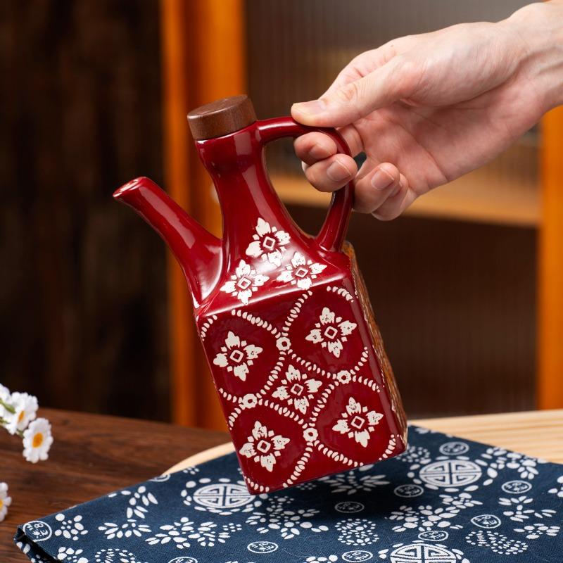 250ML Vintage Square Ceramic Oil Bottle, Japanese Style Floral Soy Sauce Dispenser Cruet with Handle & Wood Lid