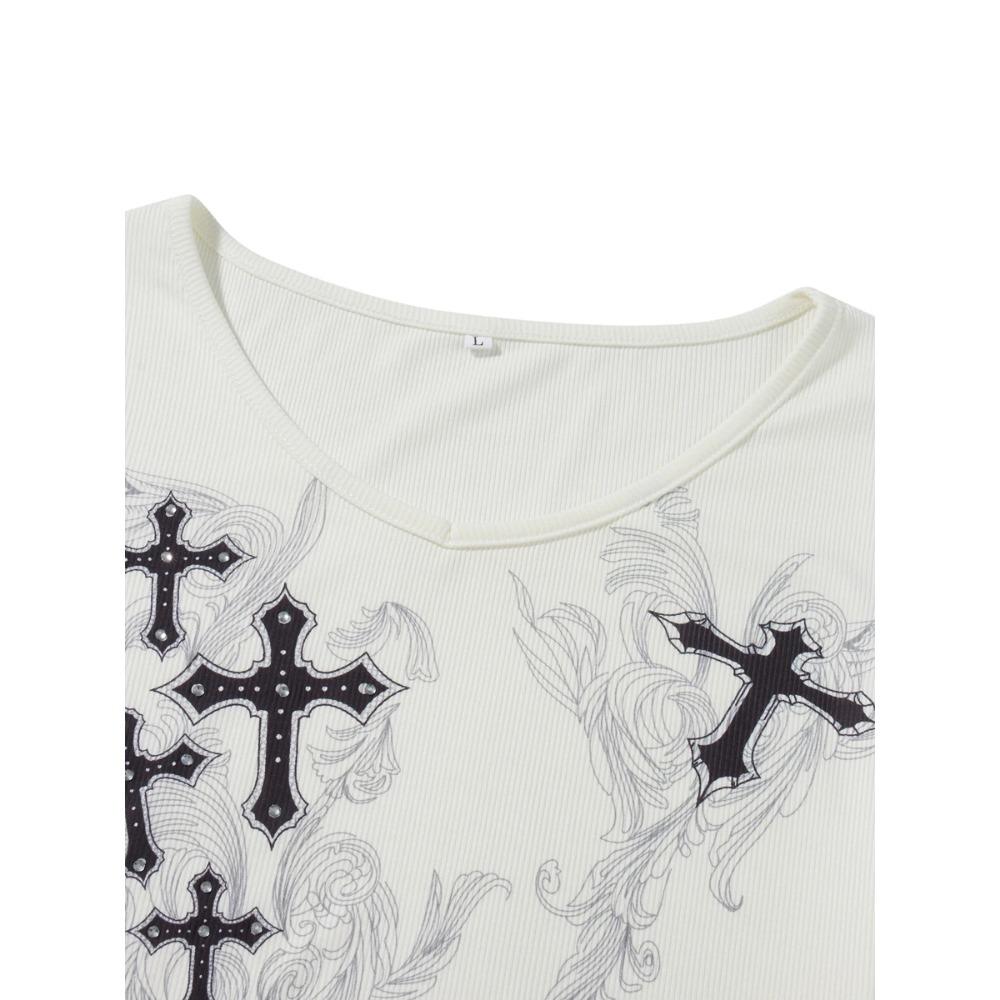 Y2k Graphic Cross Wings Print Long Sleeve Women Grunge Fairy T-shirt Harajuku Tee 2000s Aesthetic Punk Style Clothes Streetwear