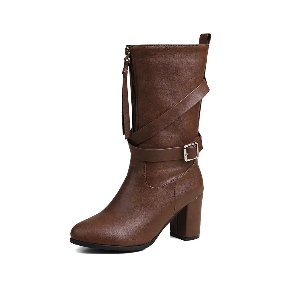 Bottes mi-mollet jaunes et marron pour femmes, talons hauts, petites et grandes tailles 33 52