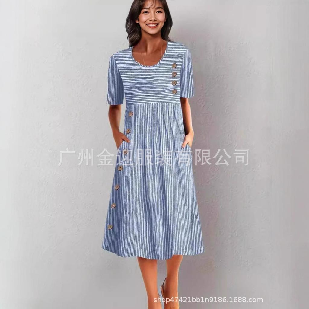Women's Round Neck Short Sleeve Maxi Dress Straight Fit Stripe Print Button Pocket Casual Long Dress