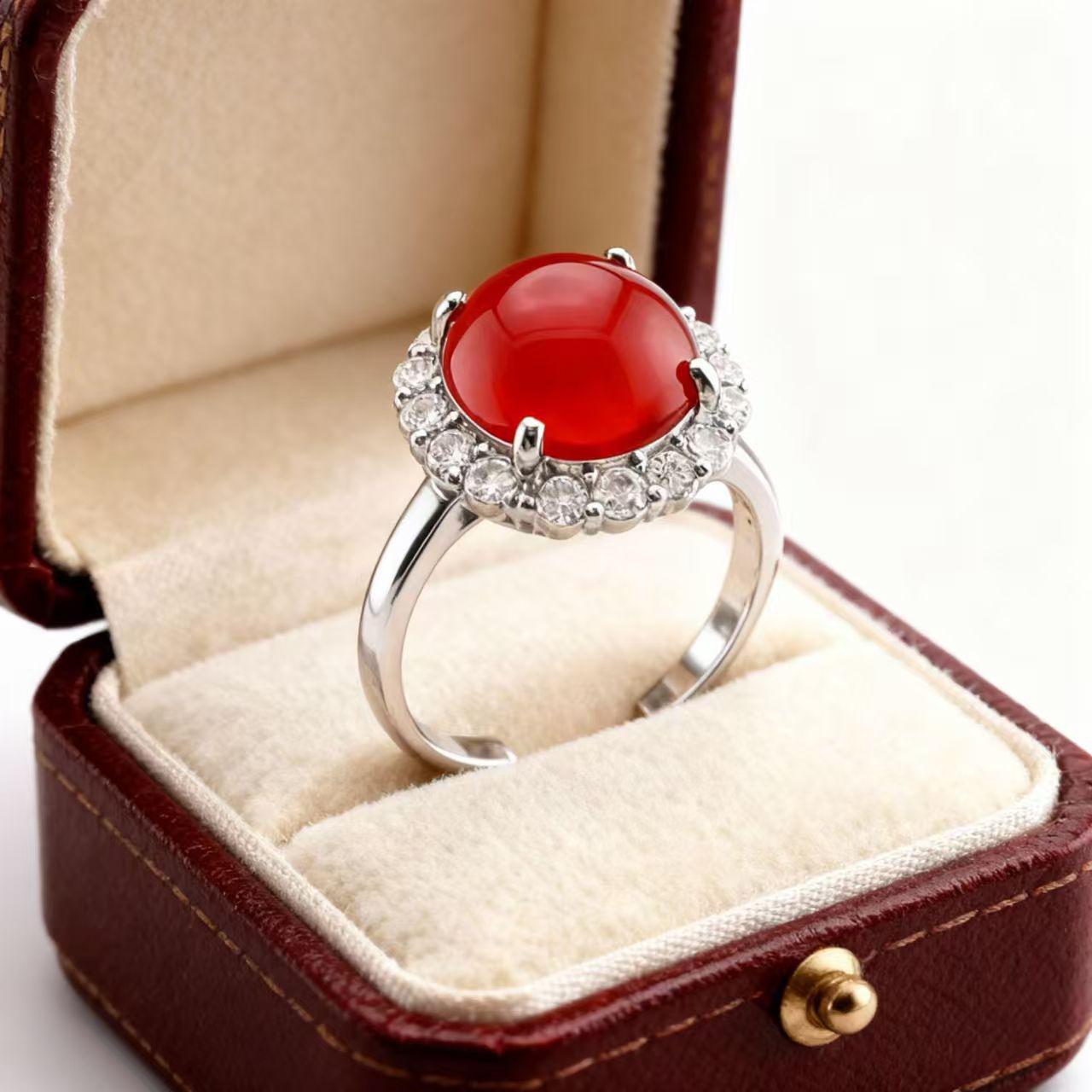 Silver-Plated Green Chalcedony  Agate Openable Women s Luxury Ring Adjustable красный