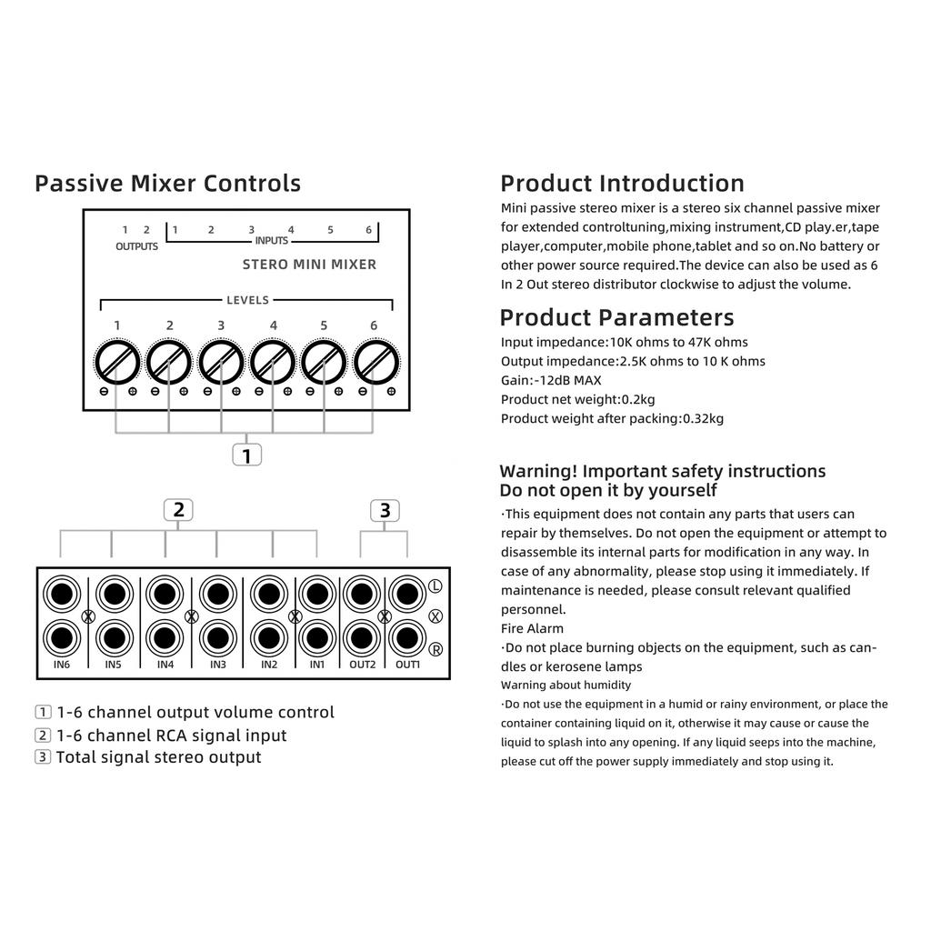 Highest Sound Quality 6 Channel Line Passive Mixer No External Power Supply