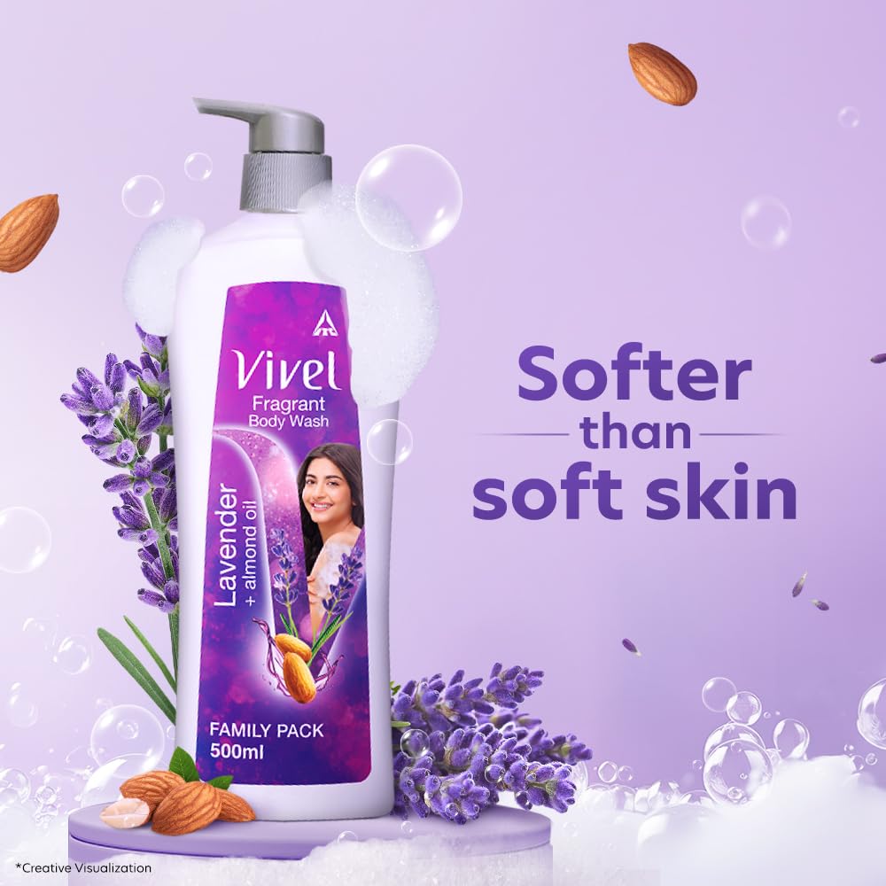 Vivel Lavender & Almond Oil Fragrant Body Wash 500 Ml Pump Bottle Moisturizing Shower Gel For Soft Smooth Skin Effective Cleansing For Women And Men