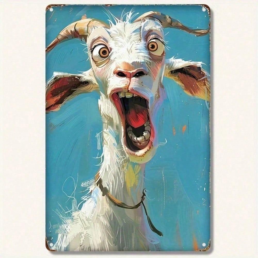 1PC 2D Flat Metal Tin Sign, Funny Screaming Goat Portrait Wall Art, Whimsical Blue Background Animal Poster, Rustic Farmhouse Decor