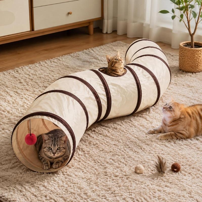 Fabric Tunnel Runner for Small Animals in Rooms, Arched Activity Passage with Suspended Toy Detail for Daily Exercise, Stalking and Rest Time
