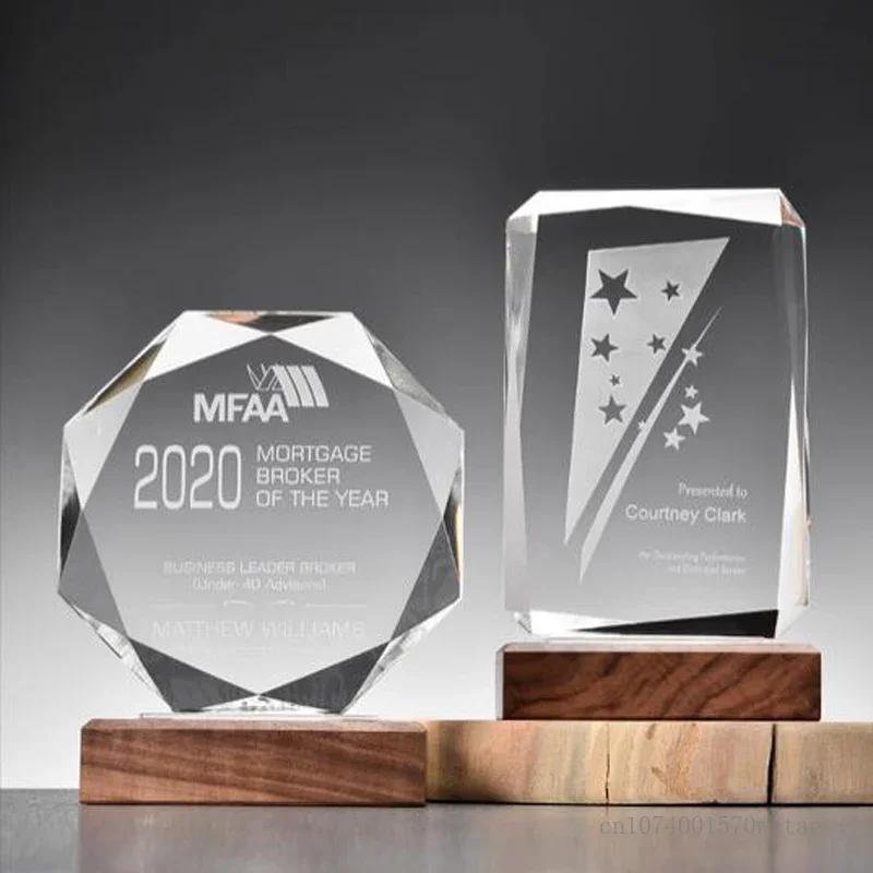 Customized Water Droplet Crystal Trophy Creative Souvenir Excellent Company Annual Meeting Awards Home Decor Wood Base Medal 1Pc