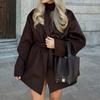 Deep Brown Belted Short Coat with High Neck for Women Autumn Winter Fashion Outerwear