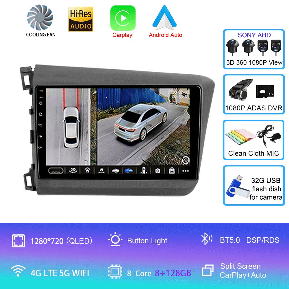 Car Radio Carplay Auto WIFI+4G For Honda Civic 2012 2013 2014 2015 Android 14 Multimedia Player Stereo GPS Head Unit No DVD 2Din
